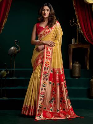 Women's mustard tissue paithani zari woven saree with blouse 1
