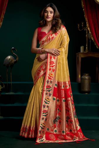 Women's mustard tissue paithani zari woven saree with blouse