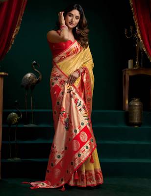 Women's mustard tissue paithani zari woven saree with blouse 2