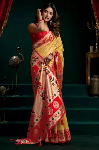 Women's mustard tissue paithani zari woven saree with blouse
