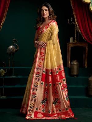 Women's mustard tissue paithani zari woven saree with blouse 3