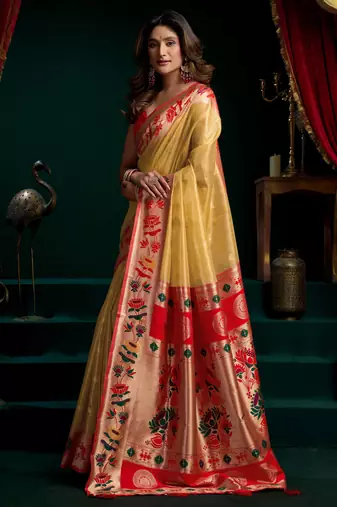 Women's mustard tissue paithani zari woven saree with blouse