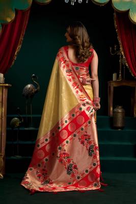 Women's mustard tissue paithani zari woven saree with blouse 5