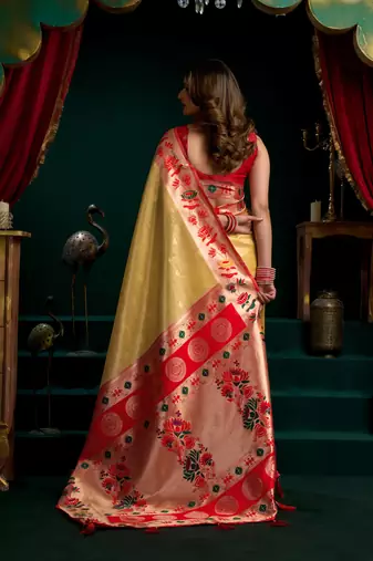 Women's mustard tissue paithani zari woven saree with blouse