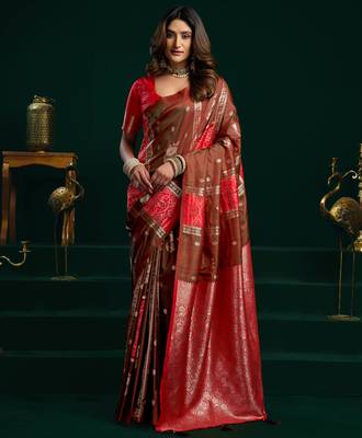 Women's coffee soft silk zari woven saree with blouse 1