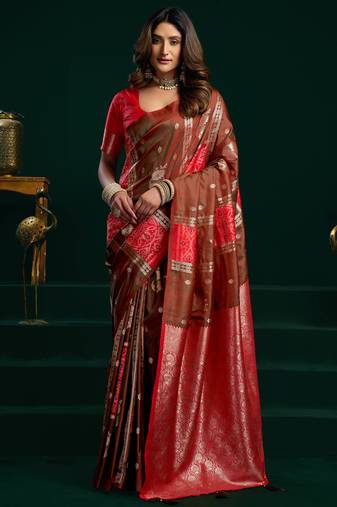 Women's coffee soft silk zari woven saree with blouse