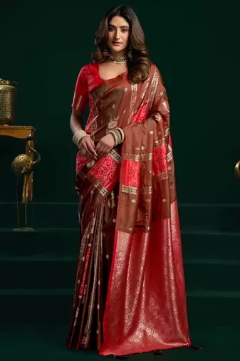 Women's coffee soft silk zari woven saree with blouse