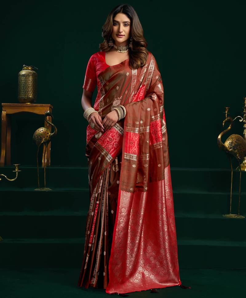 Women's coffee soft silk zari woven saree with blouse