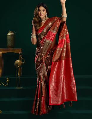 Women's coffee soft silk zari woven saree with blouse 2