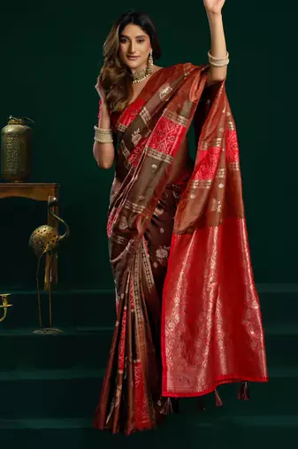 Women's coffee soft silk zari woven saree with blouse