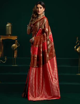 Women's coffee soft silk zari woven saree with blouse 3