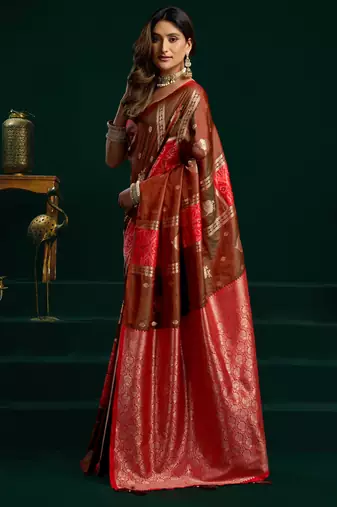Women's coffee soft silk zari woven saree with blouse