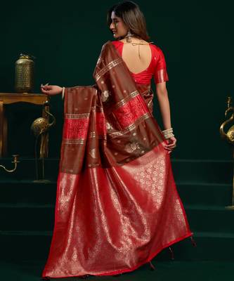Women's coffee soft silk zari woven saree with blouse 5