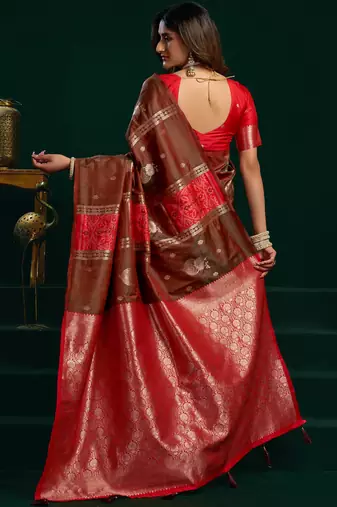 Women's coffee soft silk zari woven saree with blouse