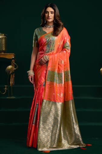 Women's orange soft silk zari woven saree with blouse