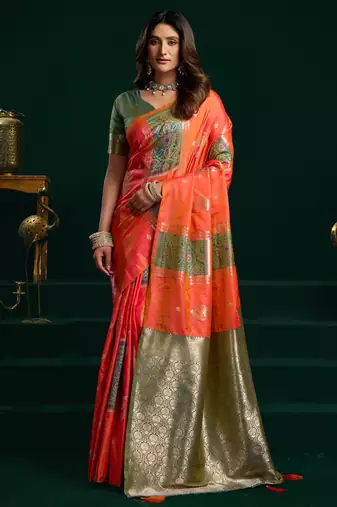 Women's orange soft silk zari woven saree with blouse