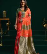 Women's orange soft silk zari woven saree with blouse