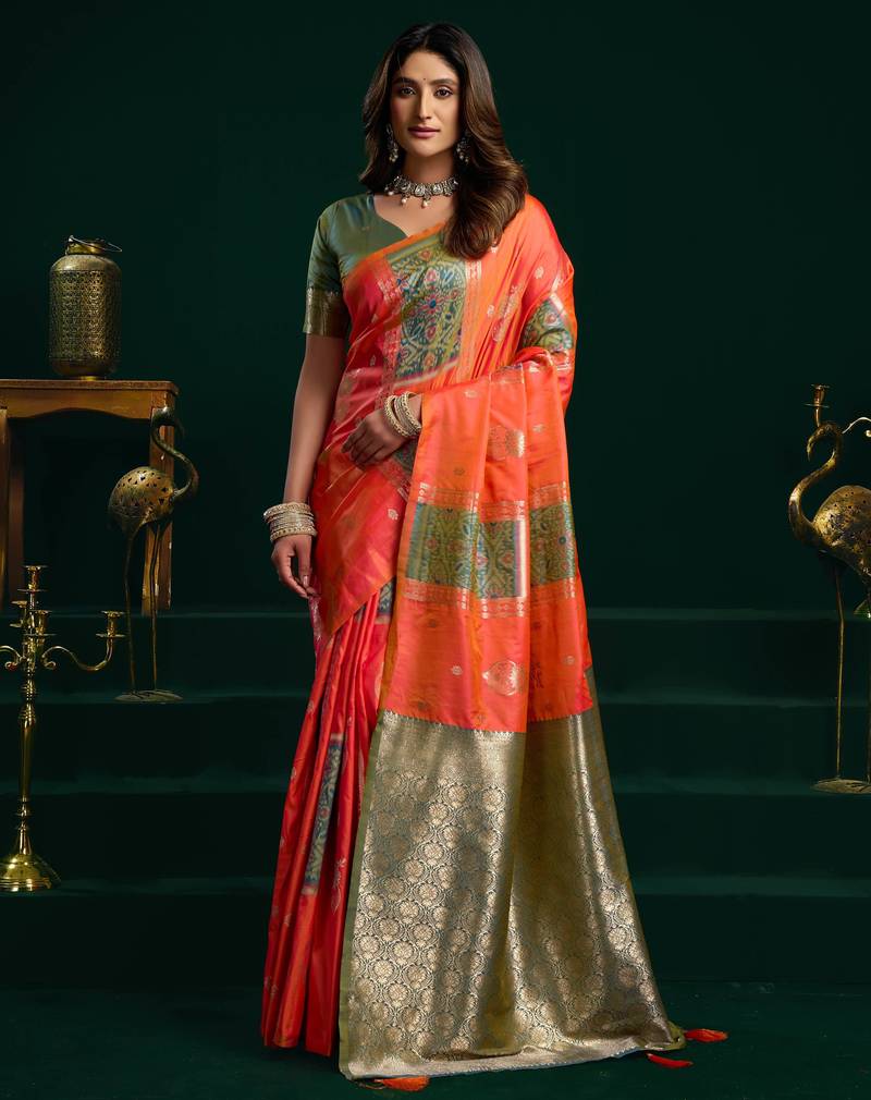 Women's orange soft silk zari woven saree with blouse