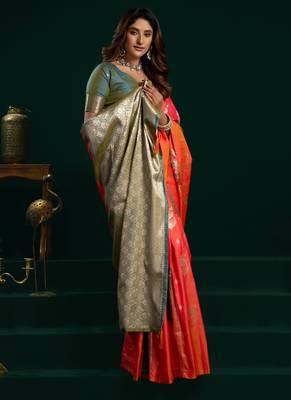 Women's orange soft silk zari woven saree with blouse 2
