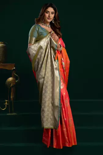 Women's orange soft silk zari woven saree with blouse