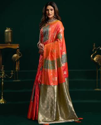 Women's orange soft silk zari woven saree with blouse 3