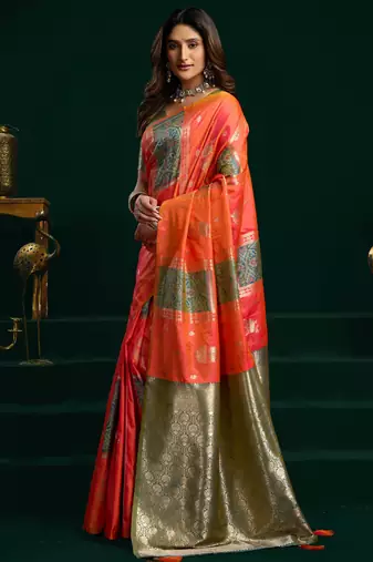 Women's orange soft silk zari woven saree with blouse