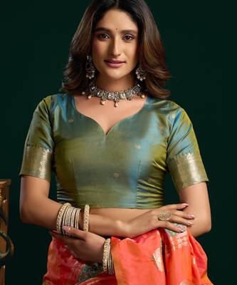 Women's orange soft silk zari woven saree with blouse 4