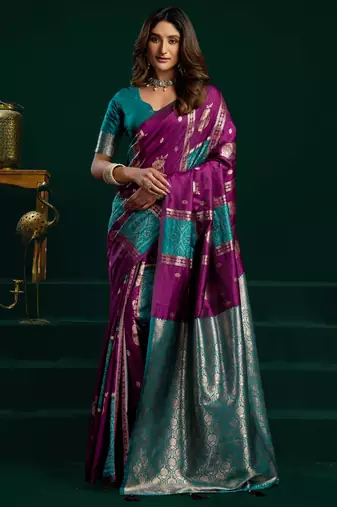 Women's wine soft silk zari woven saree with blouse