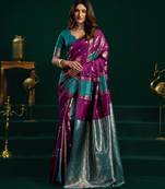 Women's wine soft silk zari woven saree with blouse