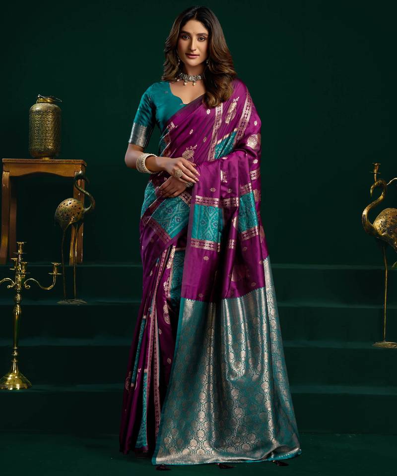 Women's wine soft silk zari woven saree with blouse