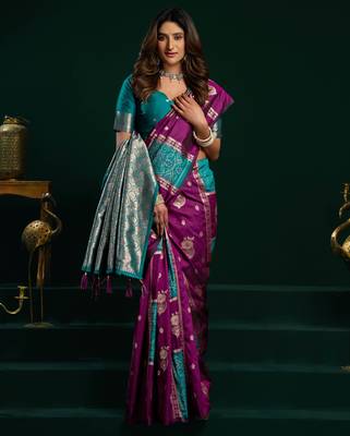 Women's wine soft silk zari woven saree with blouse 2