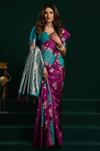 Women's wine soft silk zari woven saree with blouse