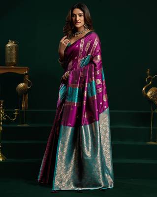 Women's wine soft silk zari woven saree with blouse 3