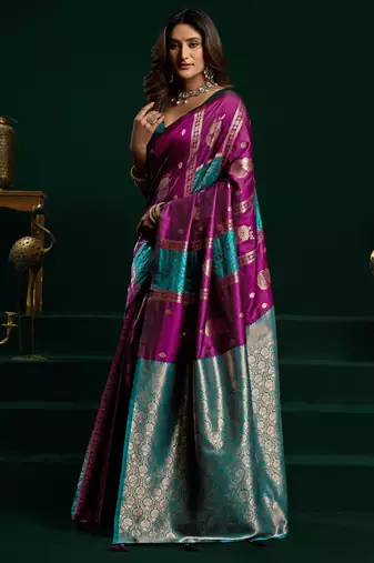 Women's wine soft silk zari woven saree with blouse