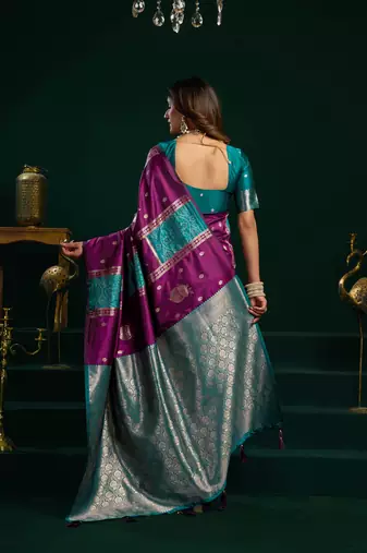 Women's wine soft silk zari woven saree with blouse