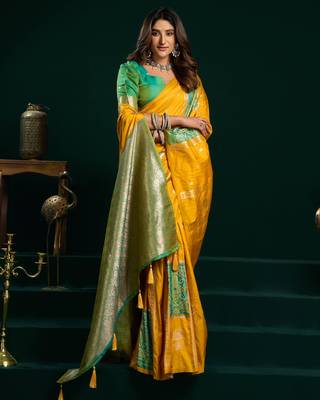 Women's yellow soft silk zari woven saree with blouse 2