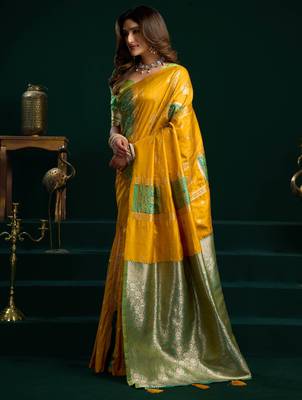 Women's yellow soft silk zari woven saree with blouse 3