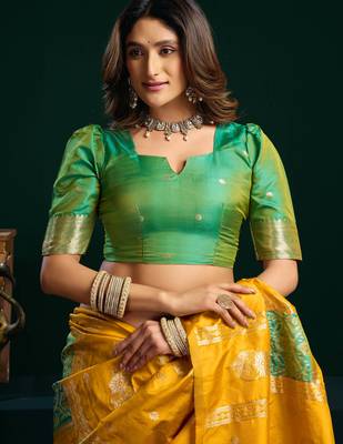 Women's yellow soft silk zari woven saree with blouse 4