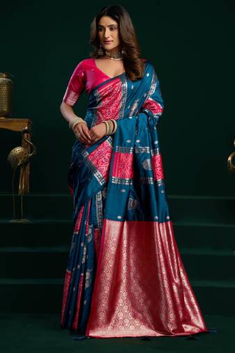 Women's blue soft silk zari woven saree with blouse