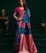 Women's blue soft silk zari woven saree with blouse