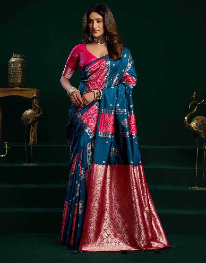 Women's blue soft silk zari woven saree with blouse