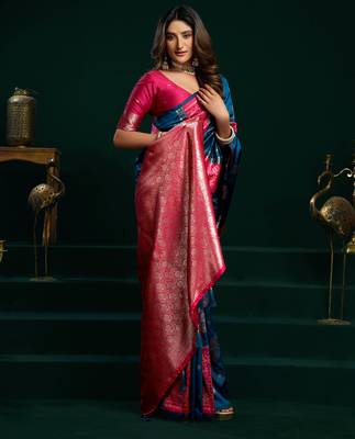 Women's blue soft silk zari woven saree with blouse 2