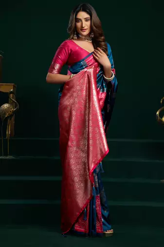 Women's blue soft silk zari woven saree with blouse