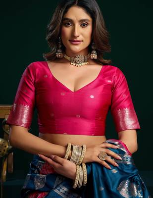 Women's blue soft silk zari woven saree with blouse 4