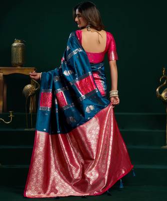 Women's blue soft silk zari woven saree with blouse 5