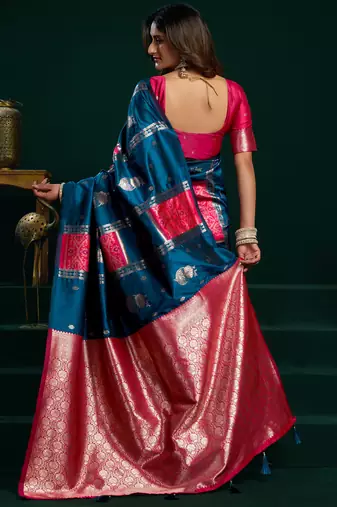 Women's blue soft silk zari woven saree with blouse