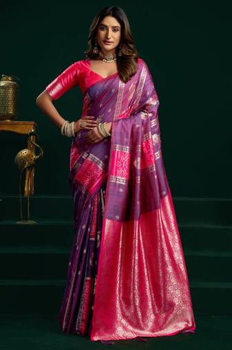 Women's purple soft silk zari woven saree with blouse
