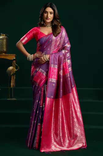 Women's purple soft silk zari woven saree with blouse