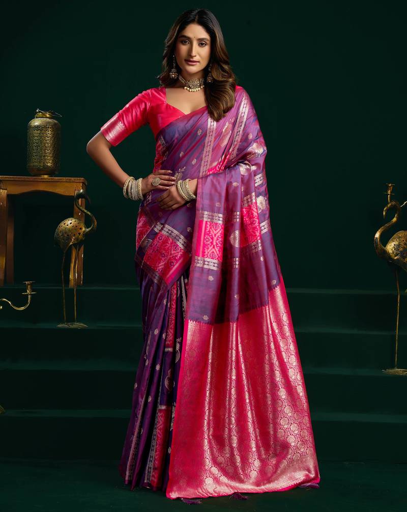 Women's purple soft silk zari woven saree with blouse