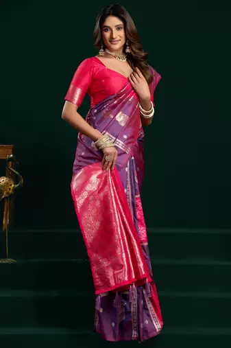 Women's purple soft silk zari woven saree with blouse